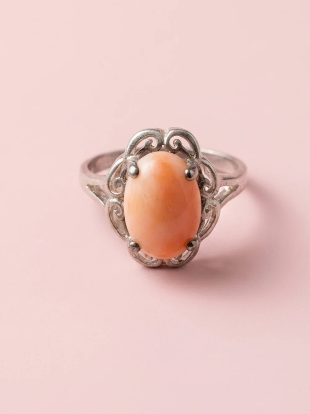 Vintage Peach Coral and Sterling Silver Filigree Ring Size 8